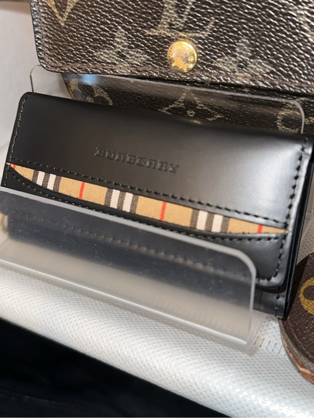 Burberry Black Leather Card & Key Holder with Beige Vintage Check Accent